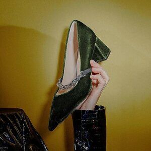 XYD Olive Velvet Pointed Toe Mary Jane Pump Chunky Heel Slip On Chain Strap Shoe